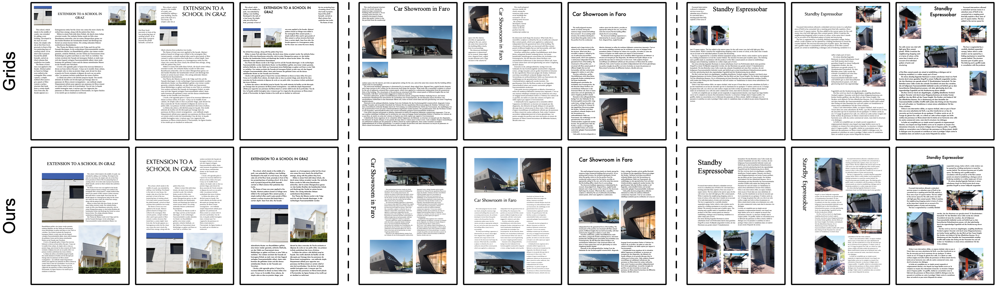 Article layouts generated by GRIDS in the top row and LayoutShop in the bottom row for the same three articles