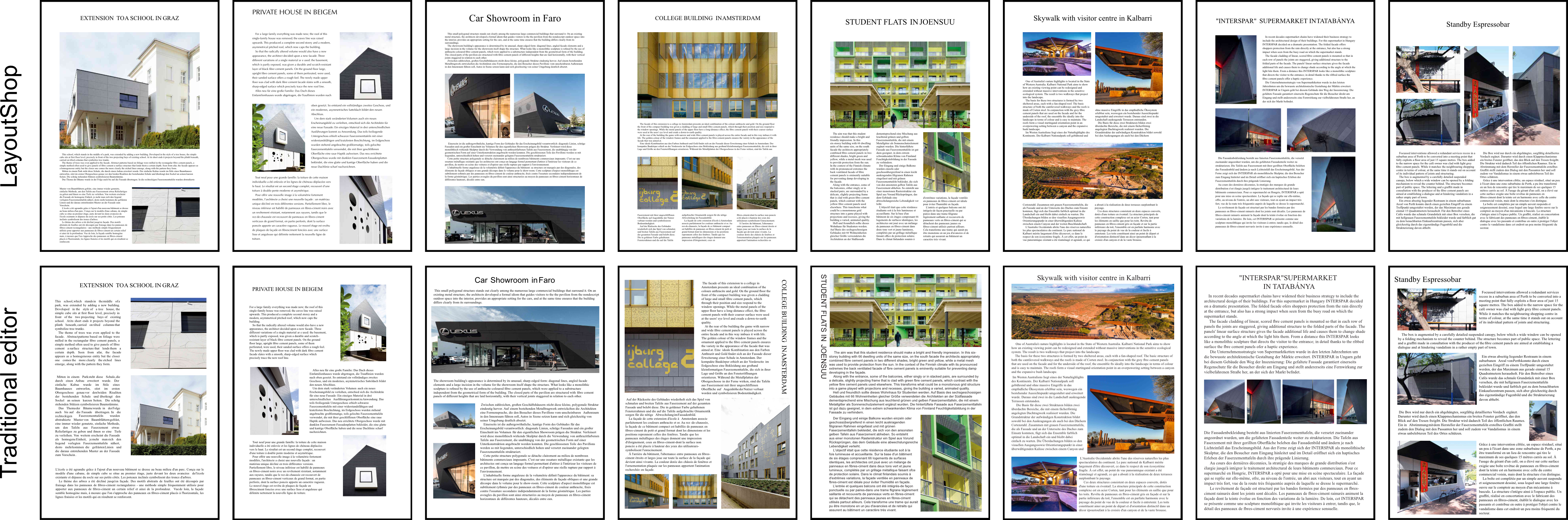 Representative article layouts created with LayoutShop and traditional editors from the eight articles used in Study I